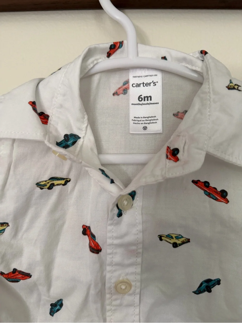 Carter's White Short-Sleeve Button-Down Shirt with Red, Blue & Yellow Car Print